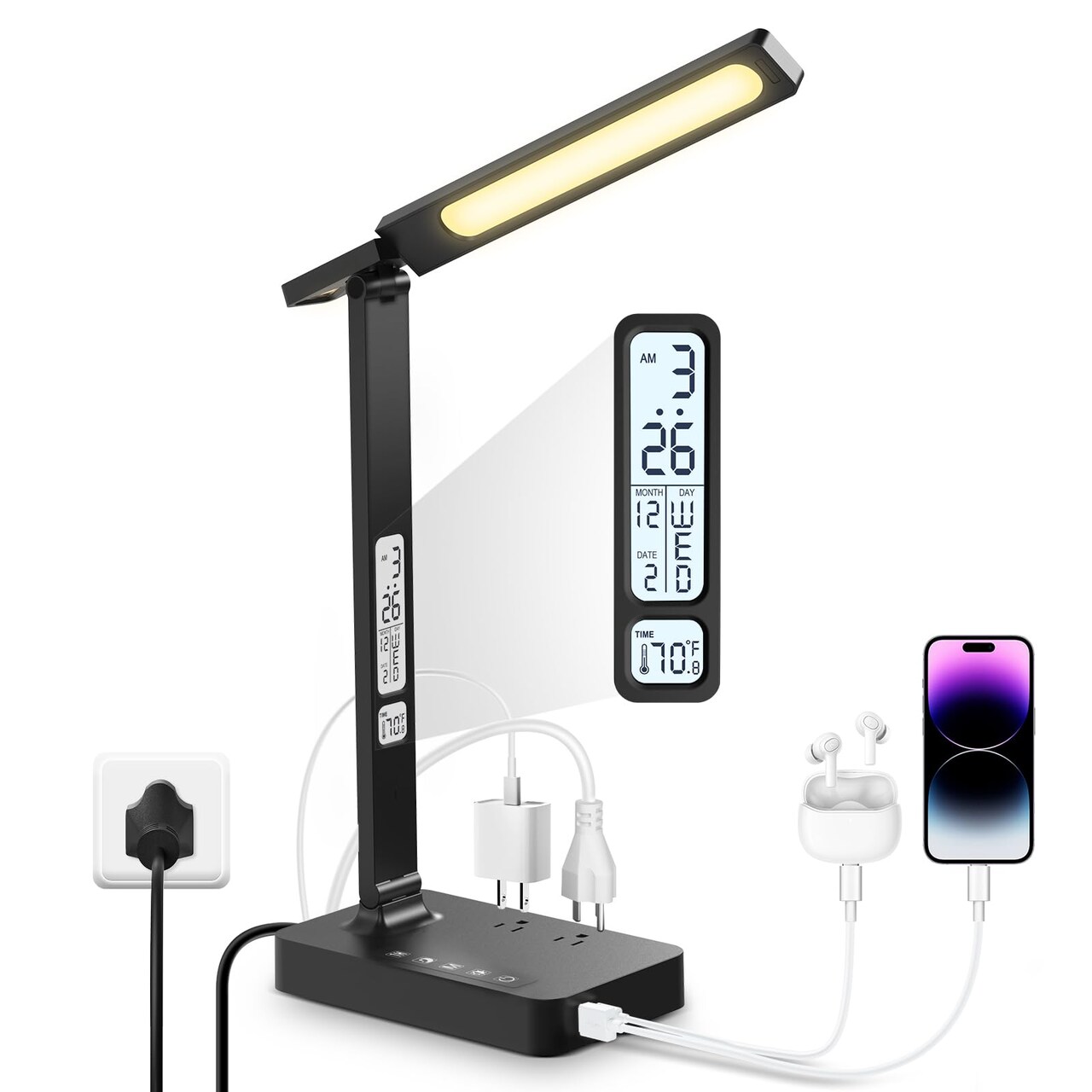 Desk Lamp with USB Charging Port: LED Stepless Dimmable Eye Caring Desk Light for Home Office - 1 Type-C, 1 USB-A Charging Port, 2 AC Power Outlets, Multiple Light Modes for Study and Bedroom